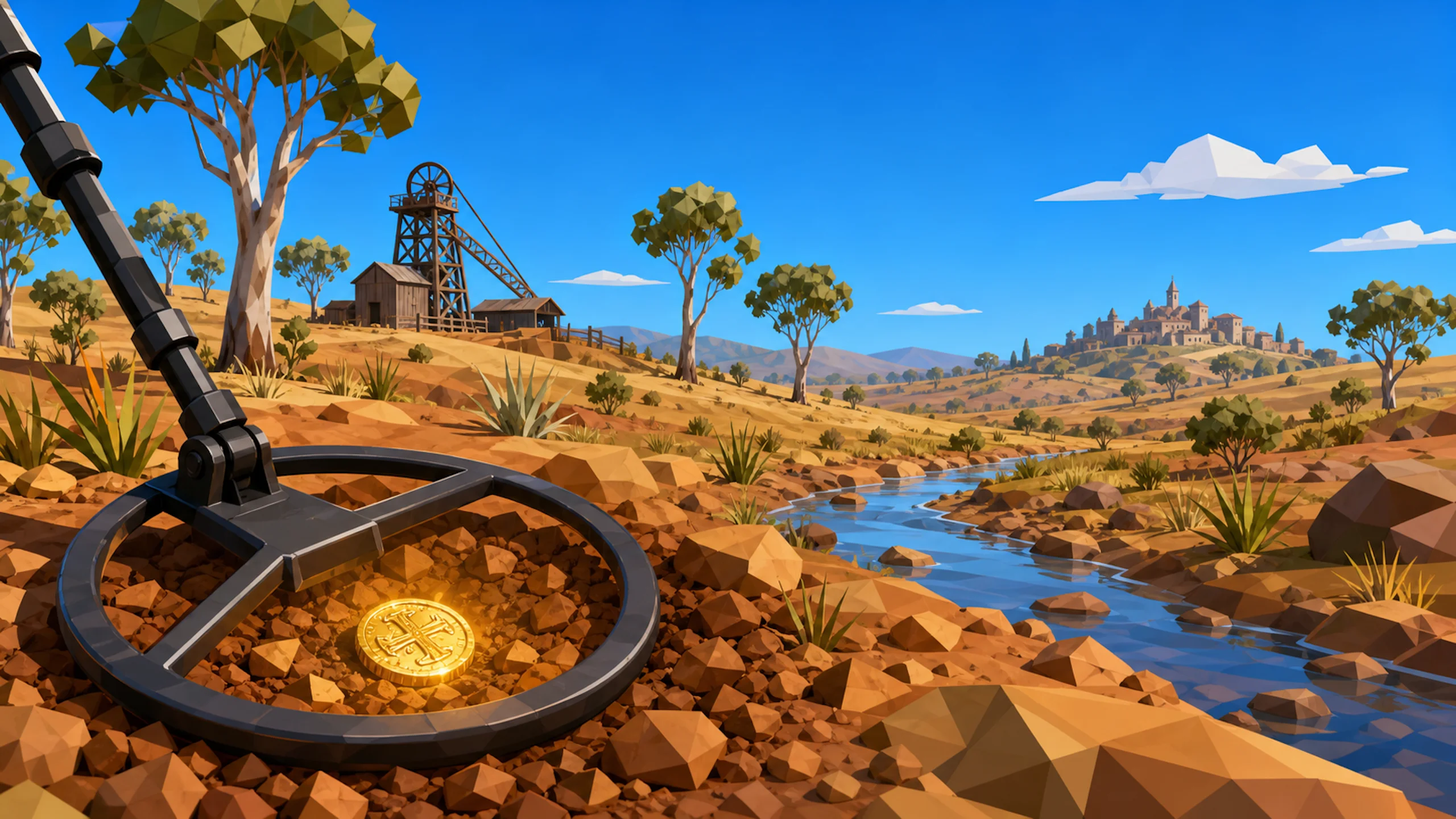 Key art for Buried Worlds VR: a prospector with a detector in Australian gold-rush bush.