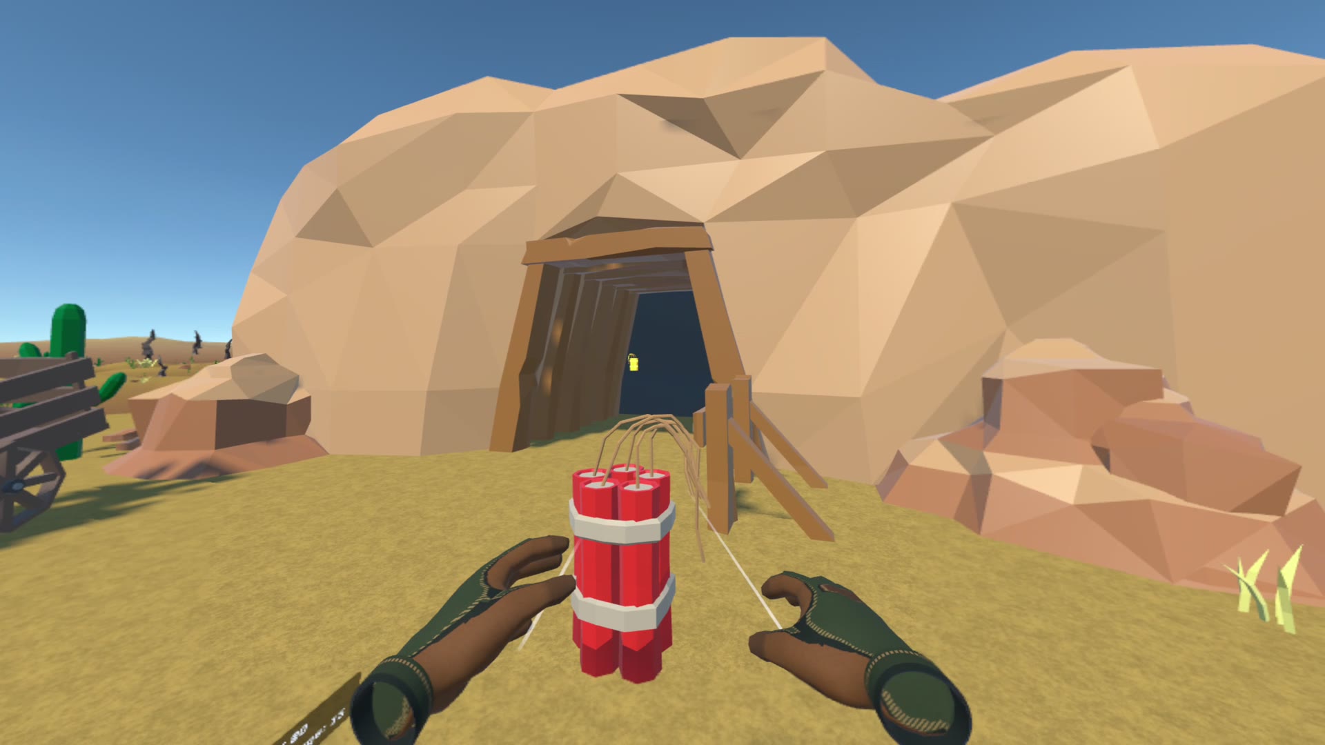 Coloma — dynamite in hand at the mouth of a claimed mine, an ore cart beside it.