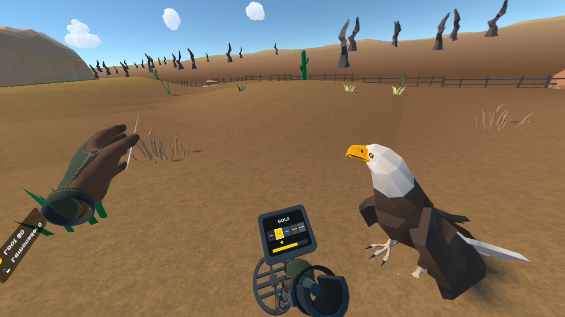Coloma — an eagle lands beside the player while the detector reads gold. The bird settles over the biggest nuggets.